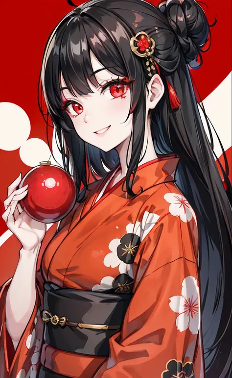 Black hair, red eyes, kizi, female, yukata, smiling