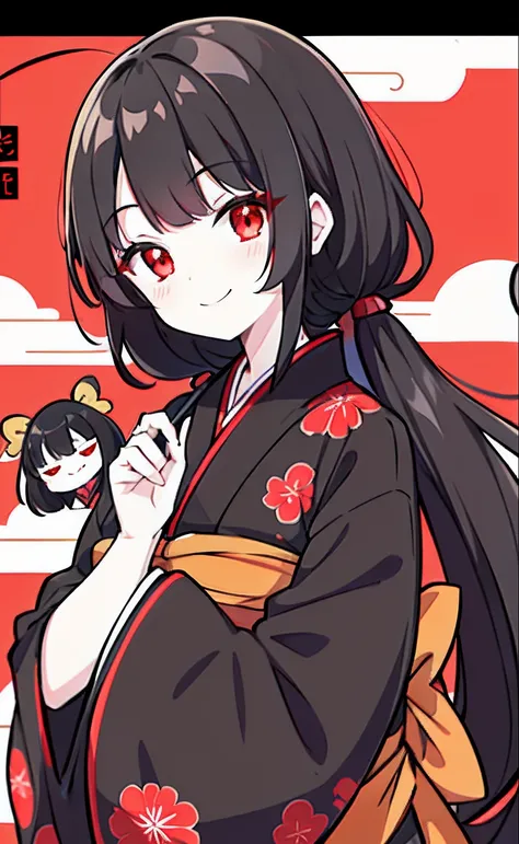 Black hair, red eyes, kizi, female, yukata, smiling