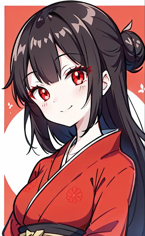 Black hair, red eyes, kizi, female, yukata, smiling