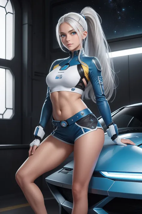 (masterpiece: 1.4, best quality: 1.2)), 1 young woman, with white hair, and bright eyes, dressed in a (white) and dark blue bodysuit with details and small areas in yellow, delicate skin, some pieces of mechanical protection on the limbs, science fiction, ...