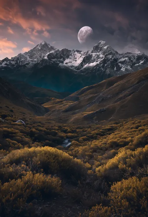 La mejor calidad, paisaje, noche, esrellas, luna, luciernagas, campo verde, oscuridad, bosque en segundo plano, Snow-capped mountains in the foreground, calidad muy alta, muchos detalles, hierba verde oscura, sombras azuladas, luciernagas volando, small mo...