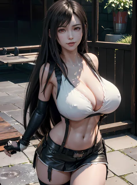 (8k, best quality, masterpiece:1.2), (realistic, photo-realistic:1.37), standing, legs apart, spreading legs, (wide stance), ultra-detailed, 1 girl,cute, solo, (tifa lockhart), (huge breasts:1.5), (beautiful detailed eyes), (smile:1.2), (closed mouth), sha...