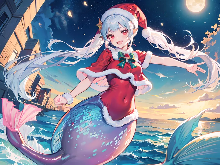 Best Quality, Extremely detailed, Anime, 1girl in, Solo, Laughing, Standing, Dynamic Angle, (mermaid:1.4), (santa costume), santa hat, Red Eyes, (Twin tail:1.2), White hair, Christmas tree, Christmas, at sea,