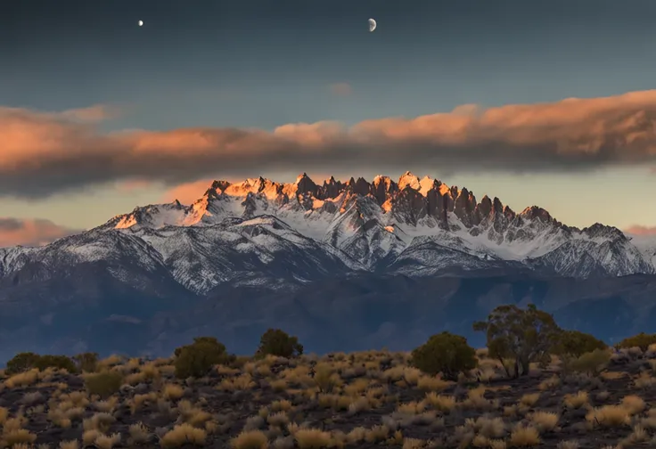 La mejor calidad, paisaje, noche, esrellas, luna, luciernagas, campo verde, oscuridad, bosque en segundo plano, Snow-capped mountains in the foreground, calidad muy alta, muchos detalles, hierba verde oscura, sombras azuladas, luciernagas volando, small mo...