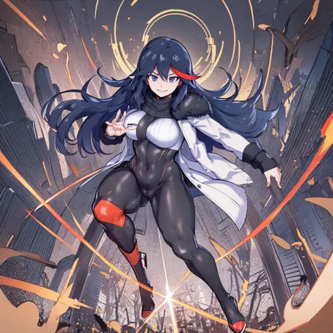 Anime, flying through the sky with black angel wings, golden leotard armor, In Battle, Chaos, shooting laser beams from hands, masterpiece ,pantyhose, boots,magicagirl body suit, large skirt, smile, long skirt,standing,smile forest,matoi ryuuko, pants, ves...