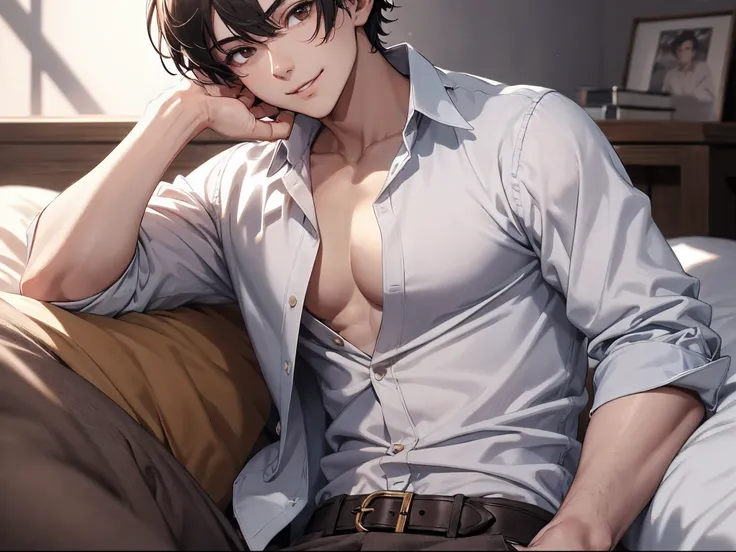 (absurdres, highres, ultra detailed, HDR), masterpiece, best quality, a boy, solo, handsome, short hair, black hair, brown eye, white shirt, open shirt, bare pectoral, real shadow, lift hand and one finger up, light smile, sitting, bed room, from side, loo...