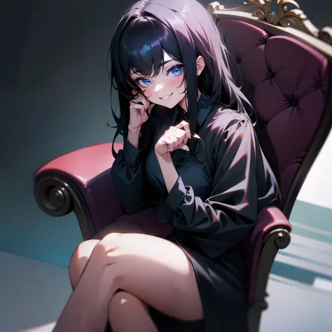 A grinning girl，Dark black hair，Bright blue eyes，Black velvet shirt，Long black silk dress，Sit in a chair in front of the camera，The girl held her face with one hand