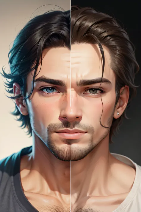 Make a male face half young and half old