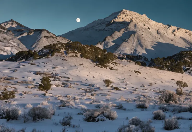 La mejor calidad, paisaje, noche, esrellas, luna, luciernagas, campo verde, oscuridad, bosque en segundo plano, Snow-capped mountains in the foreground, calidad muy alta, muchos detalles, hierba verde oscura, sombras azuladas, luciernagas volando, small mo...