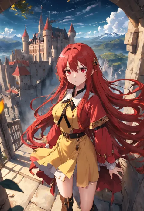 red color eyes，Red long-haired，Western，magia，Castle fantasy，yellow clothing，beautifullegs，Ultra photo realsisim, Castle，hair pin