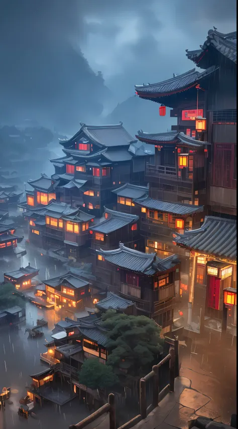 arafed view of a village with a lot of lights on the buildings, dreamy chinese town, chinese village, amazing wallpaper, japanese town, japanese village, hyper realistic photo of a town, old asian village, japanese city, by Raymond Han, rainy evening, cybe...