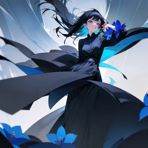 A grinning girl，Dark black hair，Bright blue eyes，Black velvet shirt，Black silk long dress，The skirt swings in the wind，One palm presses against the hair，It is surrounded by blue flowers