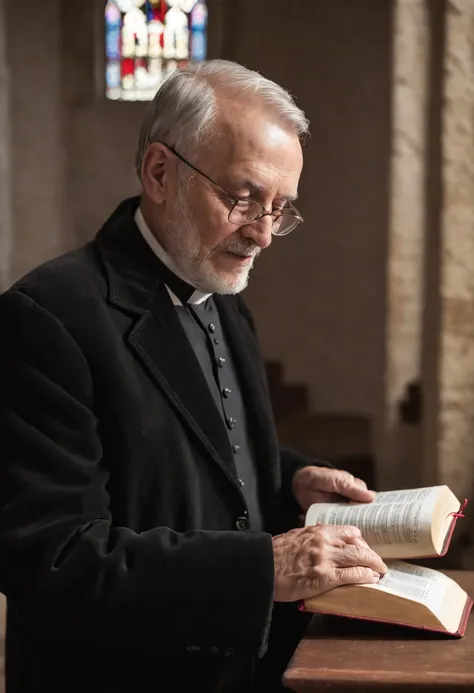 um homem de 50 anos, with black jacket, Reading the Bible from a pulpit, em uma velha igreja