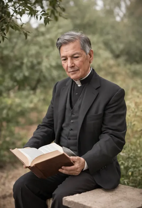 um homem de 50 anos, with black jacket, Reading the Bible from a pulpit, em uma velha igreja