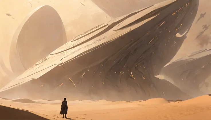 Dune concept art，Clean and neat tones，Sci-fi base scene，Huge scene，Square-shaped complex，American aesthetic architecture，huge buildings，There are many ships flying in the air， Size contrast， crowd of Soldiers versus soldiers，Big scenes of war，smog，epic con...