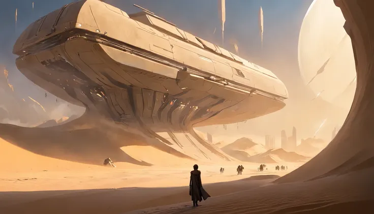 Dune concept art，Clean and neat tones，Sci-fi base scene，Huge scene，Square-shaped complex，American aesthetic architecture，huge buildings，There are many ships flying in the air， Size contrast， crowd of Soldiers versus soldiers，Big scenes of war，smog，epic con...