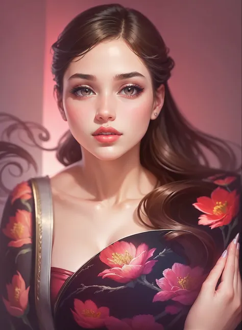 (Beautiful girl with full lips and enchanting scent),(painting, drawing, or digital art), multicolored/gradient lips,(floral background:1.2)