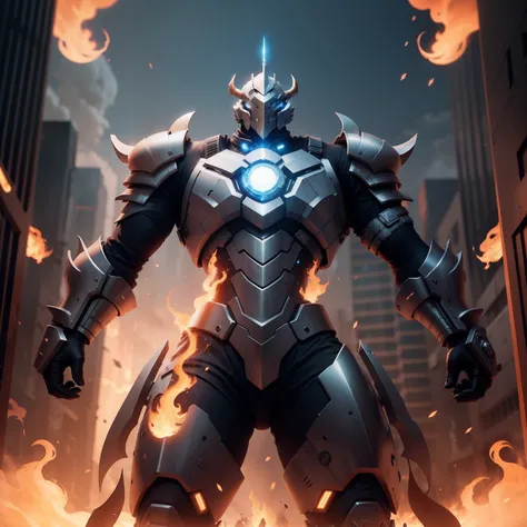 Bulky futuristic armor with flames