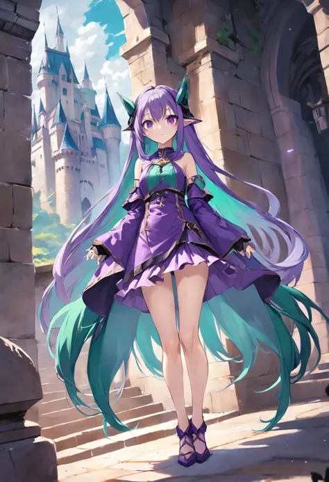 Purple eye，Long cyan hair，pointy-eared，magia，Castle fantasy，Green and purple clothes，Good-looking legs, Ultra photo realsisim, Castle，hair adornments