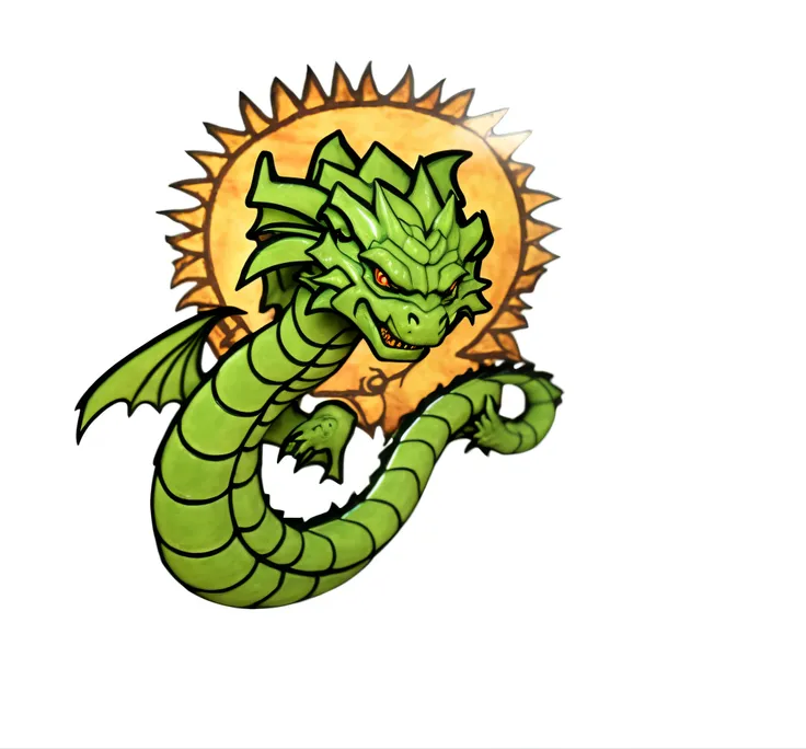 A green dragon with a 3d sun on its back, Shenron, Jormungandr, Quetzalcoatl, massive green dragon!!!, green dragon, jörmungandr, escamoso!!!, a baddass dragon, Sem estilo de arte Quetzecoatl, dragon centered, Naga-Tirr, Digesting a small dragon 3d