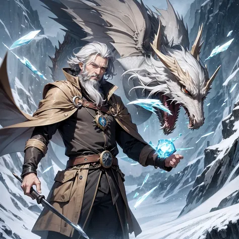 old male mage, grey hair, trimmed beard, ice magic, fight against dragon, hogwarts background, daylight --auto --s2