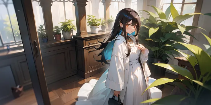 (masterpiece, best quality), long whitr hair, black color hair, a plant, looking at viewert, with brown eye, bag, White coat, longer sleeves, inside in room, holding, By bangs, Manteau, solo focus, dress, standing,, white dress, 1girl , jewelry, 耳Nipple Ri...