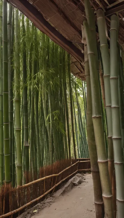 Bamboo forest in front of the window of the old house