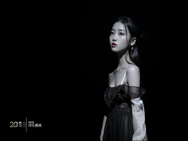 Close-up of a woman in a dress standing in the dark, cover photo portrait of du juan, Shot on Canon EOS R 6, inspired by Li Fangying, inspired by Wang Shimin, Inspired by Tang Yifen, Inspired by Huang Ji, inspired by Zhou Wenjing, inspired by Song Xu, insp...