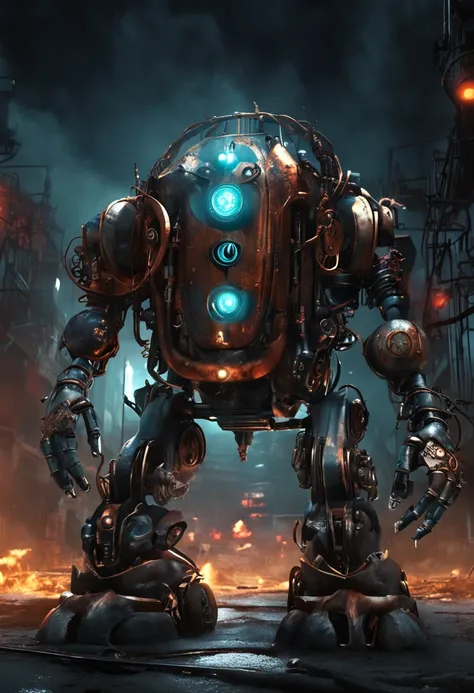 robot of evil, gigantic, metal, steam punk, glowing eyes, ((frightening)), dark