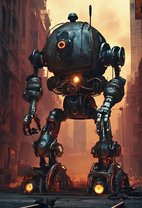 robot of evil, gigantic, metal, steam punk, glowing eyes, ((frightening)), dark