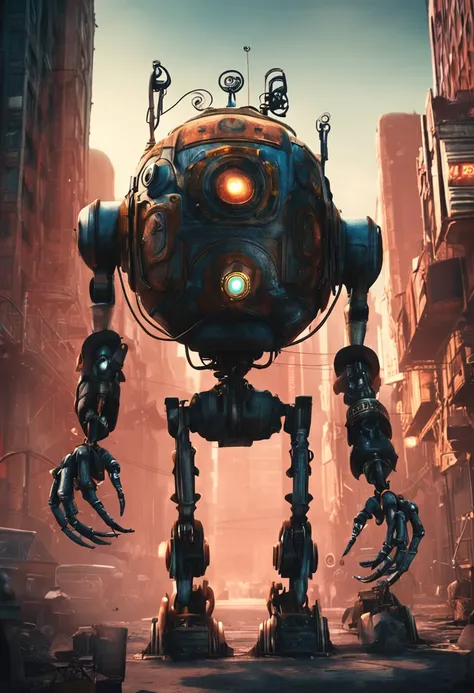 robot of evil, gigantic, metal, steam punk, glowing eyes, ((frightening)), dark