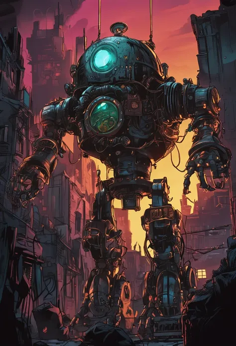 robot of evil, gigantic, metal, steam punk, glowing eyes, ((frightening)), dark