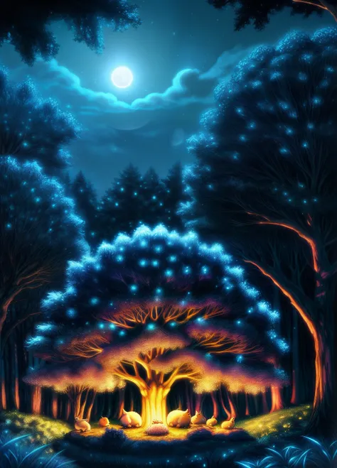 "enchanted forest, bathed in the soft glow of the full moon, gentle bunnies and hedgehogs gather to witness its celestial beauty...