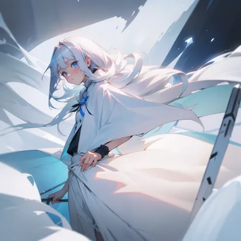 one-girl，Some indifferent looks gray hair，mid - length hair，Light blue eyes，White silk shirt，White midi skirt，It is surrounded by snow and ice