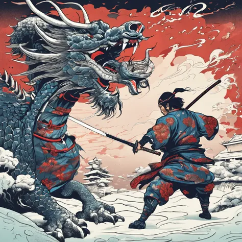 samurai fighting a mythical dragon on a snowy night in japan