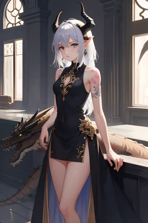 masterpiece, best quality, absurdres, perfect anatomy, standing, 1girl, solo, arm tattoo, bare shoulders, sleeveless, dress, dragon girl, dragon horns, jewelry, tail