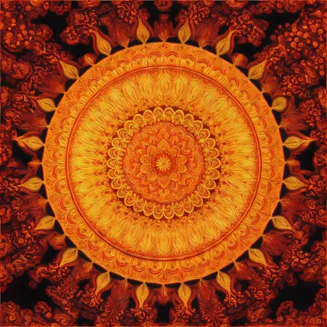 um close up de um design circular em um fundo vermelho, sol amarelo vermelho digital, Catedral do Sol, ornate with fiery explosions, halo de queima fractal, Samsara, selk  nam deus do sol, arte psytrance, coherent and symmetrical works of art, Uma bela man...