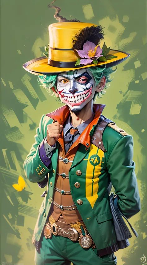 Luffy is pictured full body, vestindo o traje roxo, verde e amarelo do Coringa. His body adapts to the style of the Gotham City villain, com um colete estilizado e uma gravata borboleta verde. He also wears a purple top hat with a flower on his lapel..

Lu...