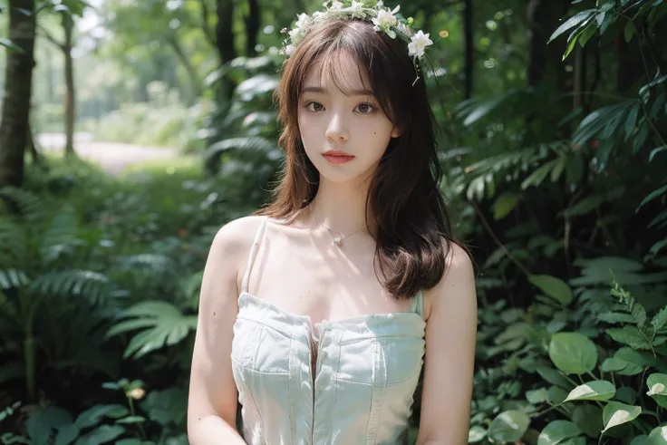 1girll, solo, flower, long whitr hair, The ultra-realistice, Top-level light rendering，Green Forest Park， Holding, holding flower, Brown hair, Look to the lens, The background is blurred out, Moles under eyes, Blurry, dark mole, The upper part of the body,...