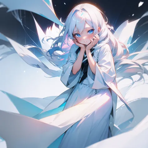 one-girl，Medium to long white hair，Light blue eyes，White silk shirt，White midi skirt，Surrounded by snow and ice，Cover your face，Shyness blush