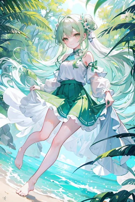 The girl lifted the light green skirt with both hands,Tread barefoot on soft sand。The refreshing river breeze ruffled her long hair，In the white moonlight，Showcasing a real smile