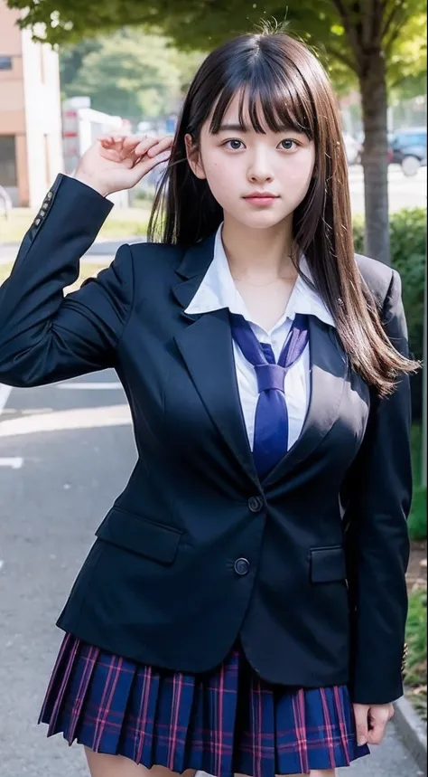 School trip, 14 year old girl, Japan high school uniform, full of girls, (too big breasts: 1.9), drooping breasts, , good development,