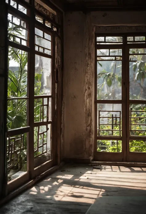 Open windows to the house，Inside an old Chinese house，The house is empty，Outside the window is a green screen，Green screen background，In-room view，Big windows，The windows are brown，Head-up windows