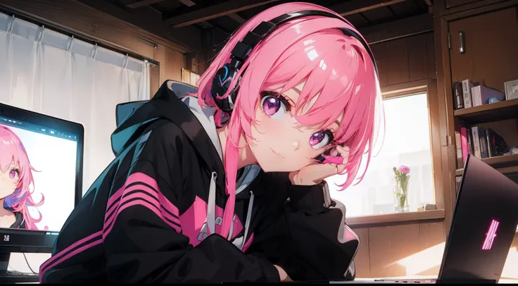 ​masterpiece、top-quality、Movie stills、1girl in、pink shorth hair、Pink eyes、headphones、Black hoodie、with light glowing、Happiness、Warm and soft lighting、Laptop Room、(Spark:0.7)