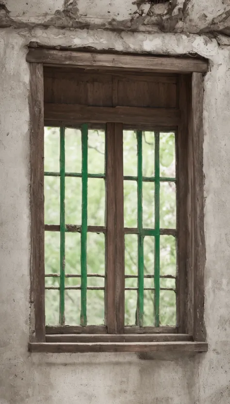 Open windows to the house，Inside an old Chinese house，The house is empty，Outside the window is a green screen，Green screen background，In-room view，Big windows，The windows are brown，Dilapidated lime walls，Head-up windows