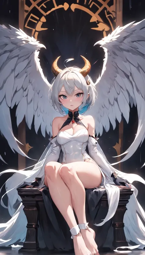 NSFW, tmasterpiece, beste-Qualit, hight resolution, Lovely sexy girl, распутная, Half-, horns demon, slit pupils, white gloves, whitedress, bare shoulders, legs spread apart, Sits, Toes between the legs , Emotions of incredible pleasure, detached collar, d...