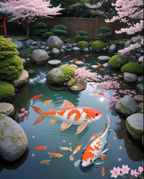 ancient Japanese art style, adorable, playful, cherry blossoms and a cherry in a vibrant koi fishpond with shimmering water, pastel triadic colors, volumetric lighting