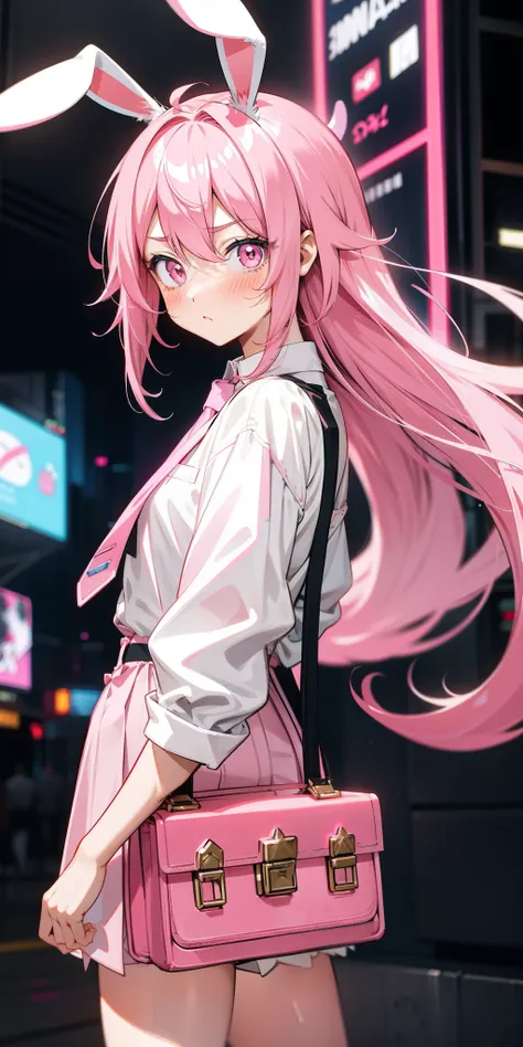 Anime girl with pink hair and bunny ears in pink tie, pink eyes, shy blush, pretty, small satchel, cyberpunk