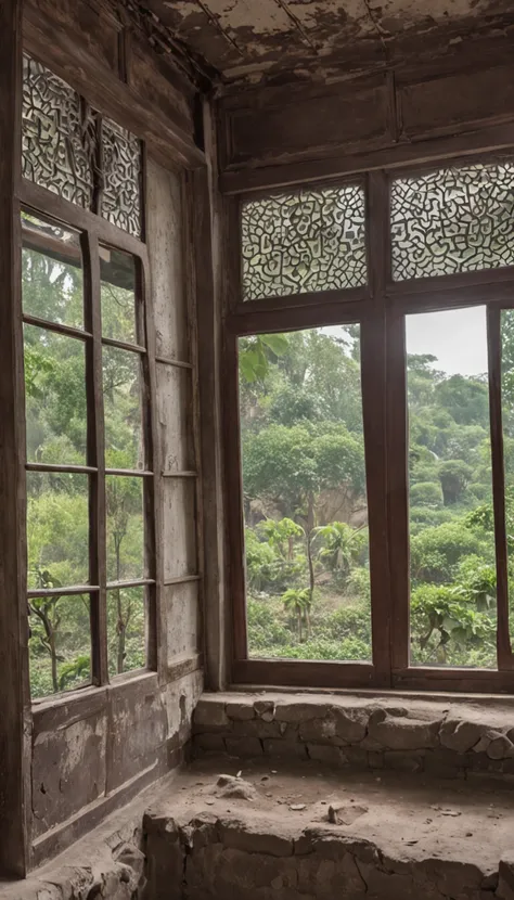 Open windows to the house，Inside an old Chinese house，The house is empty，In-room view，Big windows，The windows are brown，Dilapidated lime walls，Head-up windows