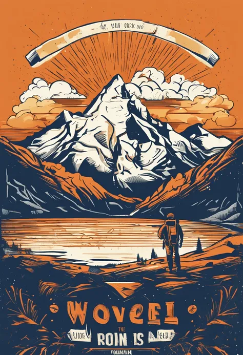 print ready vector t-shirt design, adventure scene with explorer, with beautiful nocturnal sun and mountain in the background, clean white background, professional vector, full shot, 8K resolution, deep impression illustration